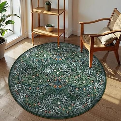 Lahome Floral Washable Round Rugs, Non-Slip Soft Round Rug 4ft Ultra-Thin, Small Stain Resistant Boho Circle Carpet for Entryway Kitchen Bedroom Nursery Bathroom, Dark Green