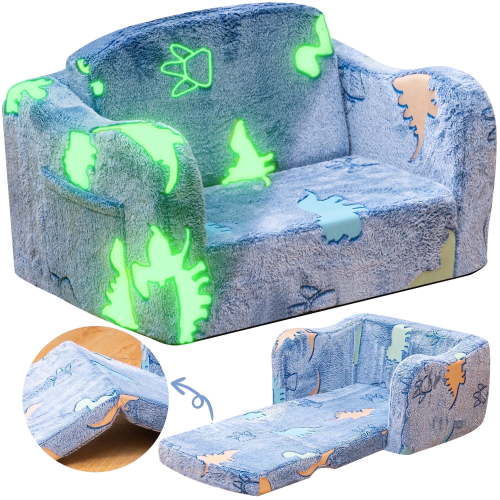 Baxluxe Folding Toddler Sofa Chair, Glow in the Dark Kids Couch Flip Open Sofa, 2-in-1 Convertible Children Sofa Chair, Luminous Velvet Kids Sofa Recliner for Playing Room, Living Room, Blue