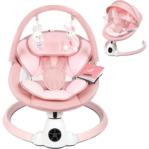 Baby Swing Rocker for Infants Toddler, 5 Swing Speed, 10 Lullabies, 5-Point Harness, Detachable Cushion & Canopy, Remote Control & Touch Panel, Pink