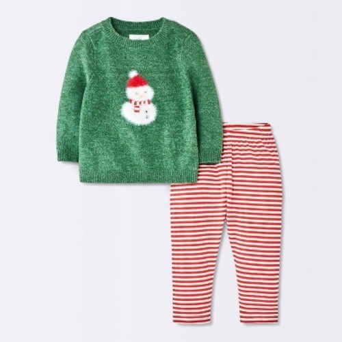 Baby Christmas 2pc Fuzzy Snowman Sweater and Ribbed Pants Set - Cloud Island™ Green 0-3M