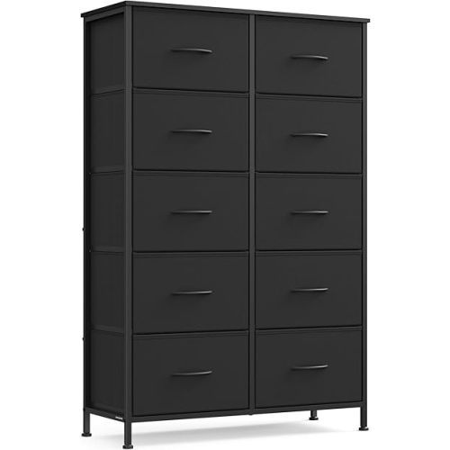 SONGMICS Dresser for Bedroom, Chest of Drawers, Steel, MDF, 10 Non-Woven Fabric Drawers, Storage Organizer Unit, Closet, Entryway, Rustic Brown and Ink Black ULGS125B01S
