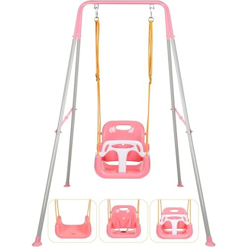 3-in-1 Toddler Swing Set, Indoor & Outdoor Baby Swing Heavy Duty Swing Set with Foldable Metal Stand for Aged 6 Months to 10 Years Old, Easy to Assemble and Store (Pink)