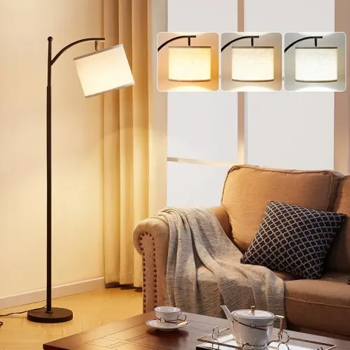 Ambimall Tall Floor Lamps with 3 Color Temperatures Bulb & Adjustable Linen Shade, for Living Room, Bedroom, Office, Classroom, Dorm Room (9W Bulb Included), Beige & Black, 60"
