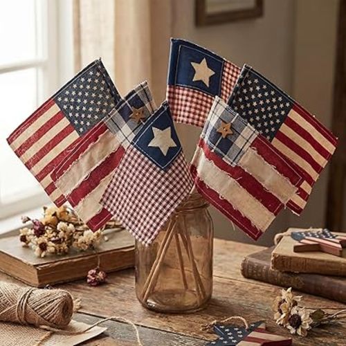 Chumia 6 Pcs 250th Anniversary Patriotic Vintage American Flag Square Decorations 4x6" Fabric Mini Flags on Sticks for 4th of July Home Decor Independence Day Patriotic Party Supplies