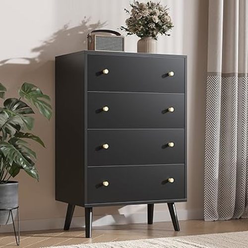 SINROM® Black Dresser for Bedroom, Modern Black Dresser with 4 Drawers, Tall Dressers Chest of Drawers with Gold Knobs