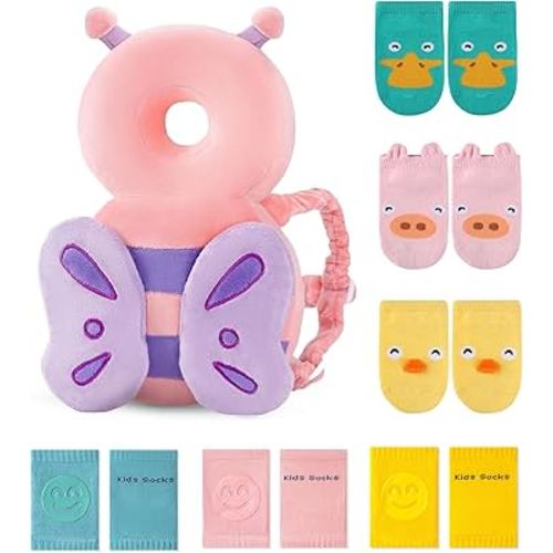 JunNeng Toddler Baby Head Protector Backpack for Toddler Walker with Knee Pads&Anti-Slip Socks, Butterfly