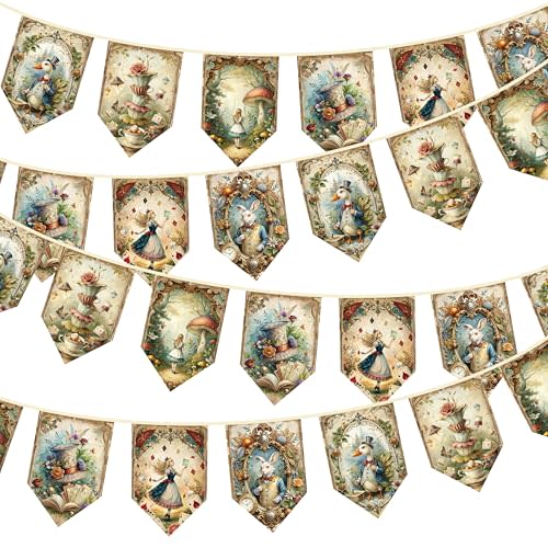 18Ft Vintage Wonderland Tea Party Decorations Retro Alice Canvas Fabric Fishtail Flag Banner Garland Streamers Wonderland Fireplace Wall Hanging for Spring Easter Birthday Baby Shower Tea Party Decor