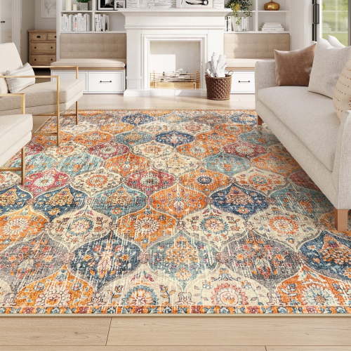 Moynesa 8'x10' Large Area Rug for Living Room Indoor Moroccan Vintage Washable Rug Ultra-Thin Foldable Soft Rug Non-Slip Accent Rugs for Living Bedroom Office Dining Room,Cream