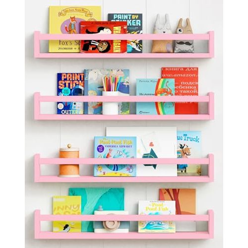 Forbena Large Pink Kids Book Shelves for Girls Room Wall Set of 4, Floating Nursery Book Shelf for Baby Girl Deocr, 24 Inches Long Wall Mounted Bookshelf for Toddler Kid Child Teens Bedroom (Pink)
