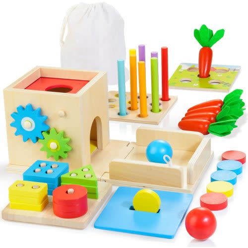 Wooden Montessori Baby Toys, 8-in-1 Wooden Play Kit Includes Object Permanent Box, Coin Box, Carrot Harvest, Shape Sorting & Stacking