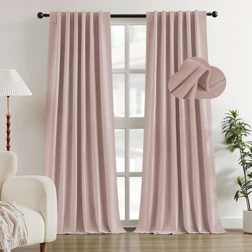 HOMEIDEAS Full Chenille Blackout Curtains for Bedroom Blush Pink Curtains 96 Inch Length 2 Panels for Living Room Thermal Insulated Black Out Grommet Window Drapes, W52 x L96