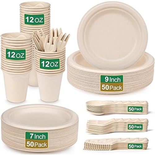 Compostable Paper Plates Set, 300PCS Eco Friendly Disposable Plates Set Includes Biodegradable Plates, Forks Knives and Spoons, Brown Paper Plates and Cups