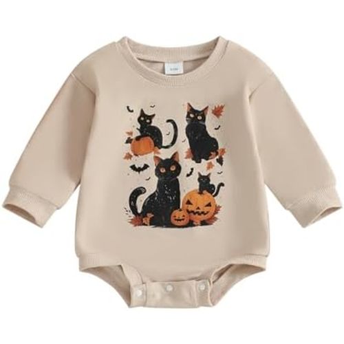 Newborn Baby Girl Boy Halloween Outfit Black Cat Pumpkin Sweatshirt Bubble Romper Long Sleeve Bodysuit Clothes