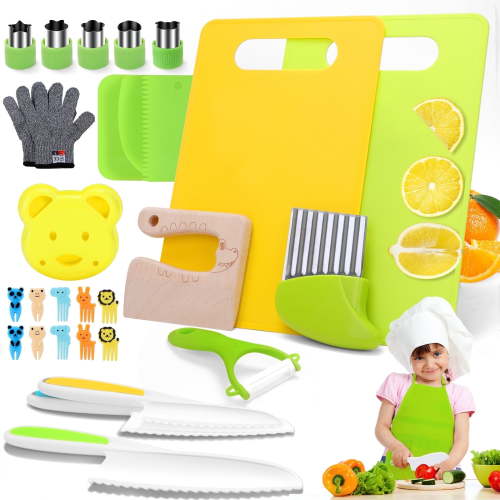 28PCS Toddler Knife Set - Kids Knifes Set for Real Cooking, Montessori Kids Kitchen Knife Set with Cutting Board Crinkle Cutters, Safe Toddlers Kitchen Tools for Age 2-10 Year Old
