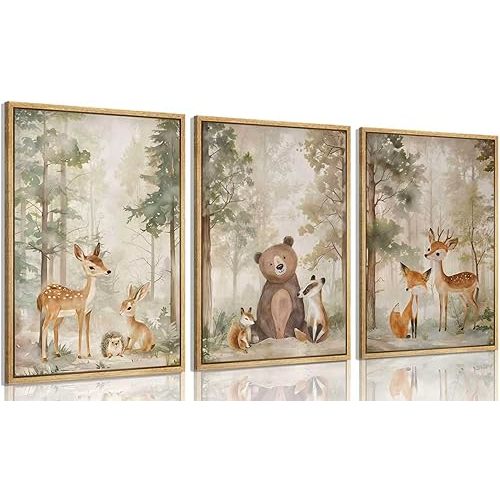 Framed Woodland Animal Nursery Canvas wall art Wild Animals Forest Paintings Pictures Wall Decor Fox Bear Deer Watercolor Poster Print