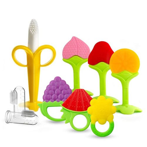 9 Pack Baby-Teething-Toys-Finger-Toothbrushes, Silicone Organic Teethers Plus Finger Toothbrushes for Babies,Infants and Toddlers (7 Baby Teethers+ 2 Finger Toothbrushes)