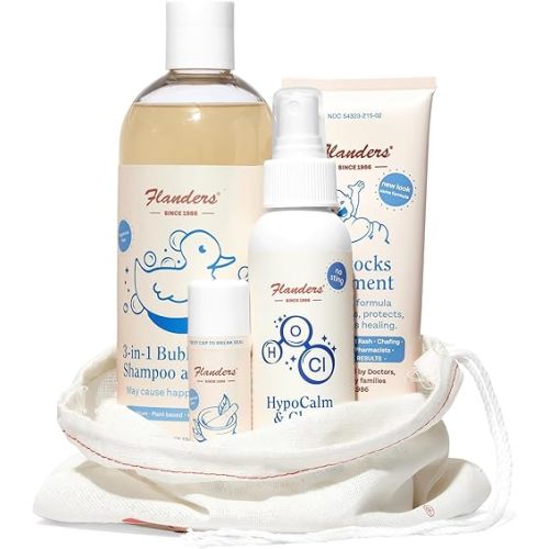 Flanders Baby Gift Set - Includes Flanders Buttocks Ointment, Healing Balm Stick, 3-in-1 Bubble Bath Shampoo & Wash, Gift Bag with Drawstring