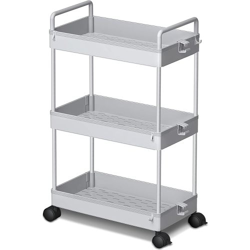 Ronlap 3 Tier Slim Rolling Storage Cart with Wheels Plastic Utility Cart Organizer for Snack Craft Art Postpartum Baby Diaper Nail Makeup in Bathroom Laundry Room Kitchen Bedside Narrow Space, Grey