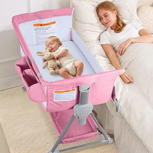 BIERUM Baby Bassinet for Baby - 7 Height Adjustable Bedside Bassinet with Lockable Wheels, Easy to Assemble Portable Bedside Crib with Large Storage Bag & Mattress for Newborn/Infant