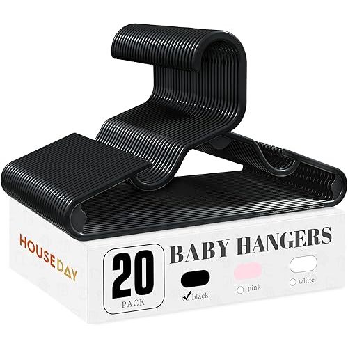 HOUSE DAY Plastic Baby Hangers for Closet 20 Pack, Durable Plastic Kids Hangers for Baby Clothes, Thin & Compact Childrens Hangers, Space Saving Black Baby Hanger, Small Hanger for Kids Clothes