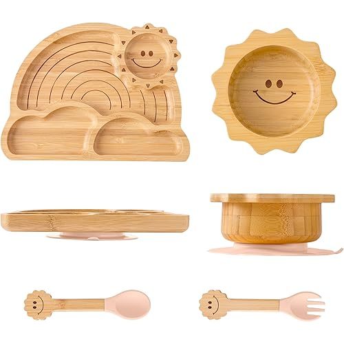 Juego de cuencos de bambú con ventosas para bebés y niños pequeños, incluye cuenco de bambú, plato dividido, tenedor y cuchara de silicona, juego de alimentación natural para el destete dirigido por el bebé