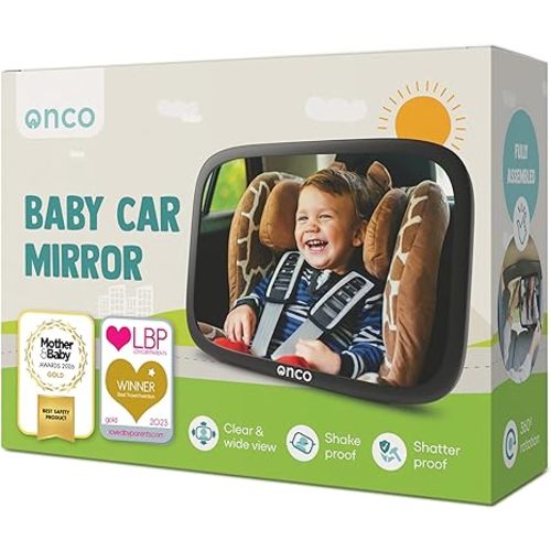 Onco Baby Car Mirror Rear Facing - Double Award-Winning Convex Car Mirror for Baby, 100% Shatterproof & Shakeproof with 360° Rotation, Newborn Essentials (9.6 x 6.9 in)