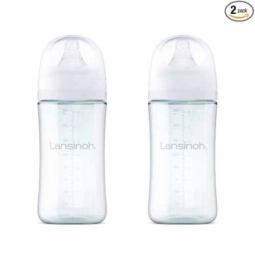 Lansinoh Glass Baby Bottles, Anti-Colic, White, 8oz, 2 Count, with Medium Flow Nipples (Size M, 3-6 Months), Baby Feeding Essentials