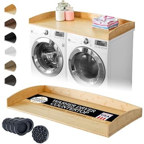 Nedura Washer Dryer Countertop for Washing Machine w/Anti-Vibration Pads&Curved Edge Rails, Bamboo Laundry Countertop, Washer Dryer Topper, Laundry Room Organization, Laundry Room Accessories-Natural