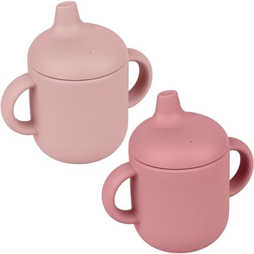Silicone Baby Drinking Cups - Sippy Cups for 6-12 Months Toddlers - Pack of 2 Food Grade Training Cups with Lids & Grip Handle for Baby Led Weaning, 6 oz (Blush/Mauve)