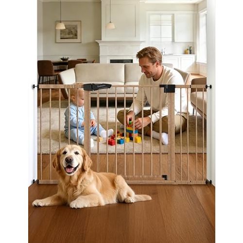 Babelio Metal Auto Close Baby Gate PressGuard P7, 29"-55" Wide Extra Wide Pet Gate for The House and Doorways, Pressure Mounted Walk Thru Child Gate with Door, Brown Wood Pattern