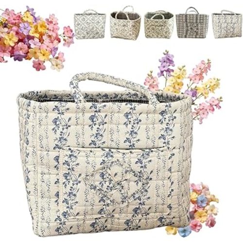 2026 New Car Storage Basket Quilted, Quilted Laundry Basket with Handles, Boho-Chic Quilteds Floral Storage Baskets, Floral Foldable Storages Baskets for Car, Clothes, Toys Storages (E)
