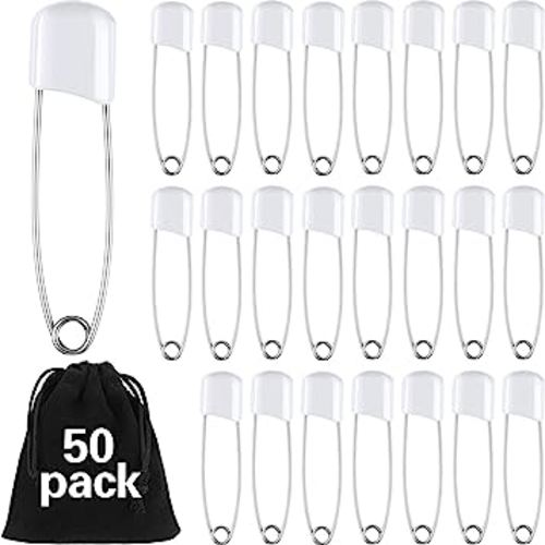 50 Pieces Diaper Pins Safety 2.2 Inch Plastic Head Cloth Diaper Nappy Pins with Locking Closures Stainless Steel with Velvet Bag(White)