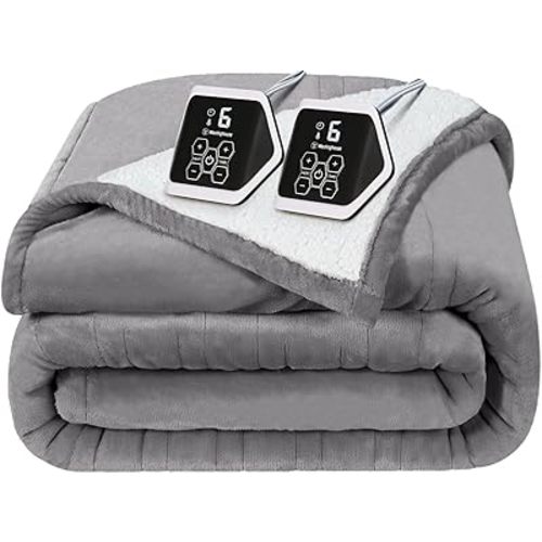 Westinghouse Heated Blanket King Size, Soft Flannel to Sherpa Electric Blanket with 10 Heating Levels, 12 Hours Auto Off, Fast Heating, Machine Washable, 100 * 90, Light Grey