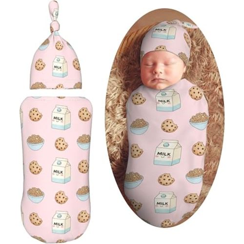 Hand Drawn Cookies and Milk Newborn Swaddle Blankets Hat Sets Soft Baby Receiving Blanket Swaddle for Baby Shower Infant Boy Girl Gift