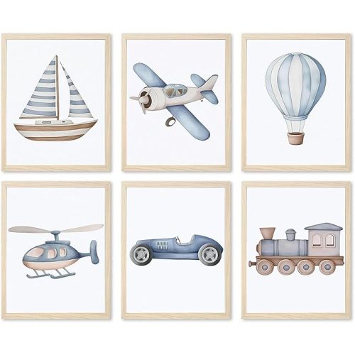 Nursery Car Wall Art Set of 6, Baby Boys Poster Canvas Prints, Blue Kids Car Train Plane Boat Hot Air Balloon Wall Decor Toddler Vehicle Painting Watercolor Artwork Picture 8x10 inch Unframed