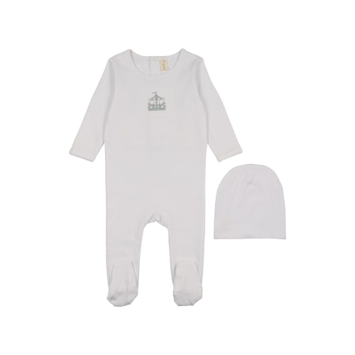 White with Sage Carousel Embroidered Graphic Footie and Beanie
