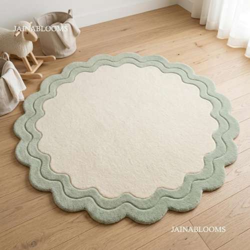 Sage Green Scalloped Rug, Hand Tufted Round Nursery Rug, Custom Area Carpet