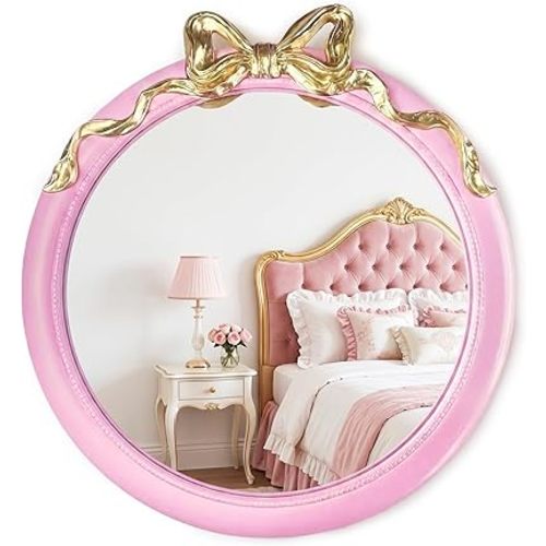 28x28 inch Pink Bow Mirrors for Wall, Round/Circle God Decorative Wall Mounted Mirror, Suitable for Bedroom, Hallway, Living Room Decoration, Nursery Room, Girl's Room