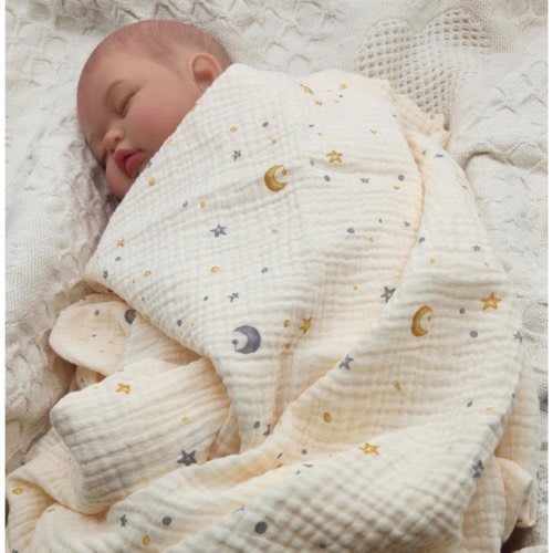 Cotton Gauze Muslin Swaddle Gender Neutral Blanket: Moon & Stars, Baby Shower Gift