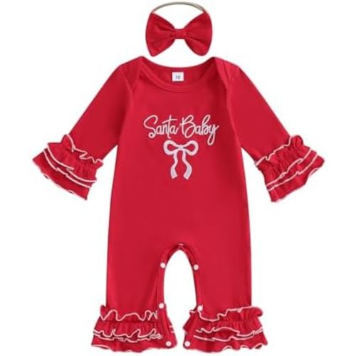 Santa Baby Outfit Newborn Infant Baby Girl Long Sleeve Ruffle Romper Bows Onesie + Headband Christmas Clothes