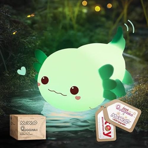Huggwaii Squishy Axolotl Night Light for Kids – Dimmable Silicone Axolotl Lamp, 2025 Upgraded Design, 20H Battery Life Rechargeable Lamp,Safe Sleep Aid Gift for Toddlers, Girls&Baby Room Decor