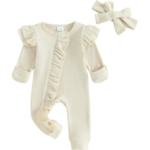 MoZiKQin Newborn Baby Girl Ruffle Romper Knit Sweater Onesie Jumpsuit Long Sleeve Zipper Romper Solid Fall Winter Outfits