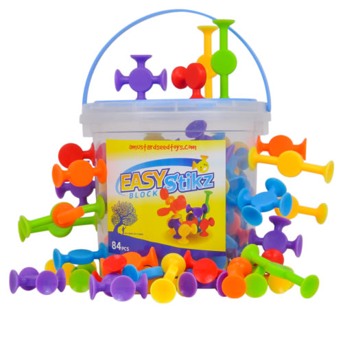 Easy Stikz Suction Toys - 84 pieces, Silicone Rubber, Great Suckers for Multiple Surfaces Like Glass, Hardwood, Metal and Plastic, Teach Creativity, Colors, Patterns, and More - A Mustard Seed Toys