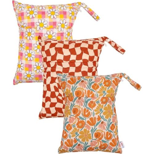 ALVA ALVABABY 3pcs Medium Cloth Diaper Wet Dry Bags Waterproof Reusable with Two Zippered Pockets Travel Beach Pool Daycare Soiled Baby Items Yoga Gym Bag for Swimsuits or Wet Clothes 3L-ZM53A