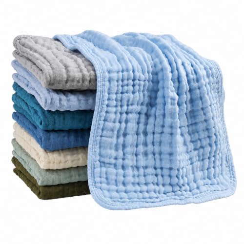 Muslin Burp Cloths for Baby Boys, Pack of 8, 6-Layer Large 20"x10" Organic Cotton Burping Cloths, Ultra Soft Absorbent, Spit Up Rags Drool Wash Cloths, Baby Essentials Registry