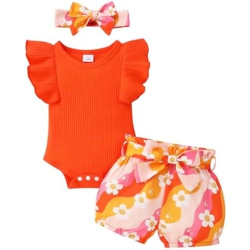 Tiny Cutey Baby Girl Clothes Infant Summer Outfits Set Ruffle Sleeve Romper and Floral Shorts with Headband
