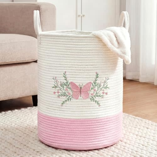 Honeydak Pink Butterfly Laundry Basket Hamper Coquette Laundry Basket Embroidered Cotton Rope Hamper 15 x 17.7 Inches Toy Box Large Coquette Decor Teen Girl Room Storage for Cloth Organization