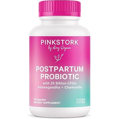 Pink Stork Probiotics for Postnatal Women - 30 Billion CFUS with Ashwagandha and Chamomile, Postpartum Essentials for Hormone Balance, Mood Support, Gut Health, Digestive Wellness, 30 Capsules