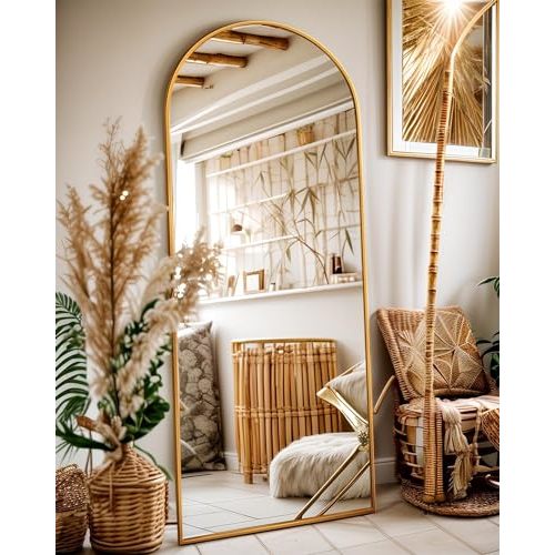 Antok 58" x19 Arched Full Length Mirror, Floor Mirror with Stand,Gold | Shatter-Proof Glass, Floor Standing&Hanging&Leaning, Full Body Mirror with Stand Aluminum Alloy Frame for Bedroom Livingroom