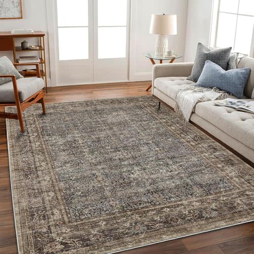 CHAMPLANT Washable Area Rug 4'x6' Traditional Floor Cover Foldable Thin Rugs Retro Kitchen Indoor Distressed Non Slip Carpet Floral Print Mat Bedroom Living Room